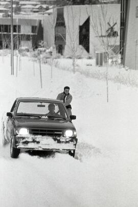 Steve Lammers, Dusty Henderson skiing behind a pickup truck