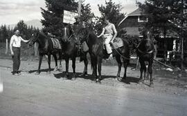 William Headridge leading a horse with Leseme [sic] and John Headridge riding horses