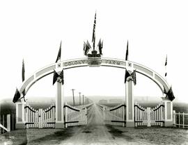 Entrance arch, buildings in background (Colony Farm)