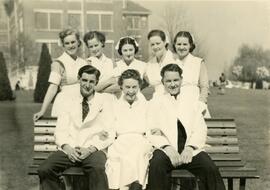 Stan Lowry and student nurses in front of East Lawn