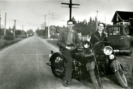 Burt and Gerald Hobbis on motorcycles on Clarke Road