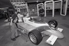 Display of player Formula Atlantic race cars at Lougheed Mall