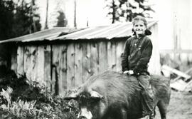 Hazel Jago riding a pig at Brookside Ranch