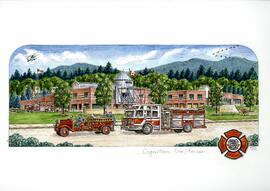 Print with of Coquitlam Fire Rescue Trucks in Front of the Fire Hall