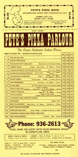 Pete's Pizza Parlour flyer