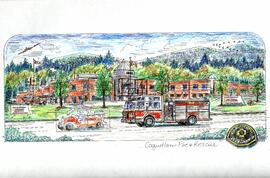Print with overlay of Coquitlam Fire Rescue Trucks in Front of the Fire Hall