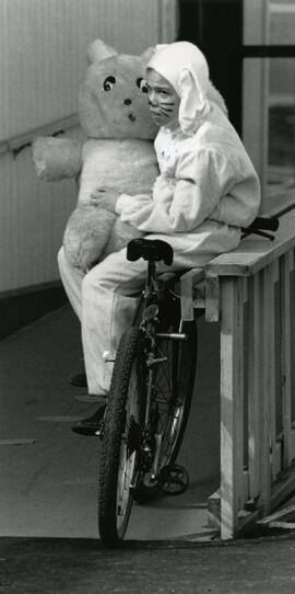 Volunteer rabbit Jesse Warner greeted guests and showed them where to go at Coquitlam Easter party at Town Center