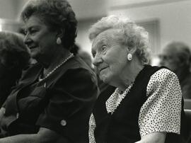 Doris Graham, PoCo, Old-Time Tea Party at Poirier Library, listening to sentimental music by the Five Foot Fours.