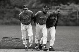 Jason Nedo, Dave Callaghan, and John Leonard raking the infield in preparation for a senior baseball game at Mundy Park
