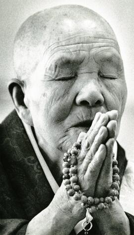Rev. Zenryo Kubo, a Buddhist nun engaged in prayer at the dedication ceremony of the Tozenti Buddhist Temple Tea House, Sat.