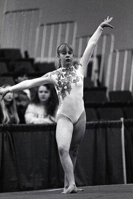 Carly Dockendorf, Karen Habemehl and Tammy Stauffer, competing at BC gymnastics championships at Cap College