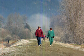 Yvonne Power and Lee Zenchuck (and their dogs) go for daily exercise on dyke at Pitt River and Dominion Rd., PoCo