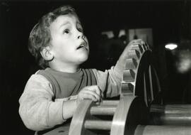 A young engineer checks out one of the models at SCIENCE WORLD's Leonardo da Vinci: Engineer and Architect.
