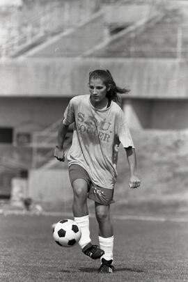Action shot of Robyn Knight, an SFU soccer player, during practice