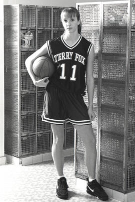 Terry Fox Secondary Basketball Star Jill Becker. Feature shot in locker room