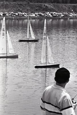 Model sailboat racing at LaFarge Lake in Coquitlam