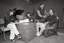 4 Port Moody Secondary students preparing an interview for their own show, "Phoenix Films", on Rogers network cable