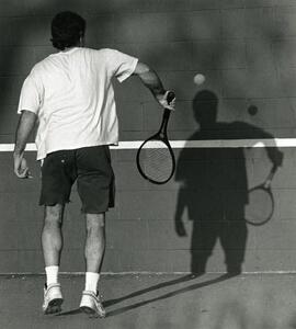 Gary Sandover practices his backhand at Mackin Park Monday (at Brunette and Marmont)