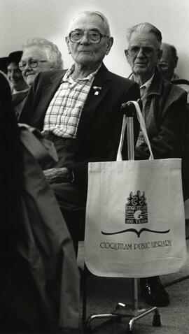 Reg Caddy, Coquitlam and a free plug for Coquitlam Library at Old-Time Tea Party, Poirier Library