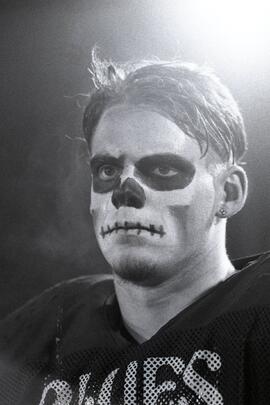 Bert Easterbrook of the Port Moody Blues football team in skull facepaint